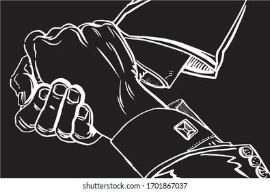 Vector handshake isolated on black, graphical engraved illustration for printing, design .