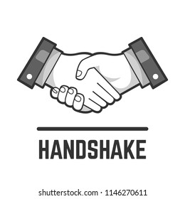 Vector handshake or partnership and business agreement flat grey isolated drawing icon of two shake hand for people friendship and relationship illustration.