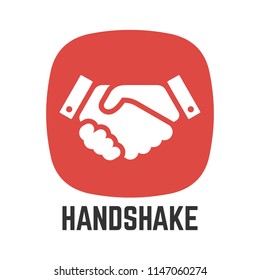 Vector handshake or partnership deal and agreement simple flat isolated icon in red superellipse button of two shaking hand.