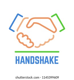 Vector handshake or partnership team and friendship meeting outline color icon of two hands for business greeting and office deal.