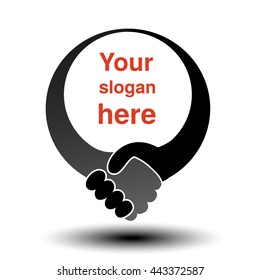 Vector handshake symbol. Monochrome gesture hand with place for your text - slogan.