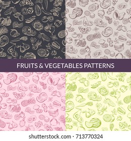 Vector handsketched fruits and vegetables vegan, healthy food, organic patterns set. Illustration collection background