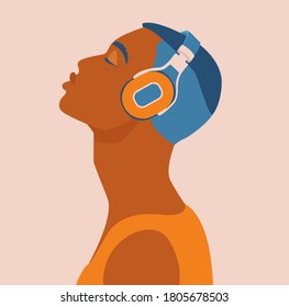 Vector de un tipo guapo escuchando la música con auriculares.