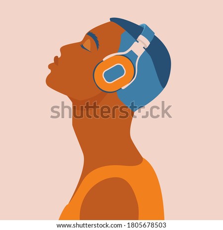 Vector of a handsome guy listening  to the music with headphones.