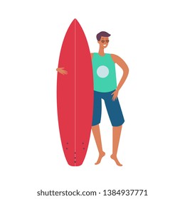 Vector handsome man in sunglasses holding surfboard. Young surfer character on summer holiday. Beach surfing guy at sea coast. Outdoor extreme sportsman flat icon.