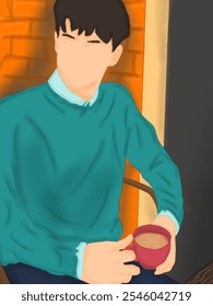 Vector de un hombre guapo con un suéter sentado disfrutando de una taza de café en la mano.