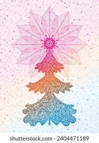 Vektorhandwerkkarte mit Neujahr und Weihnachtsregenbogen-Baum mit und Sternen auf weißem Hintergrund