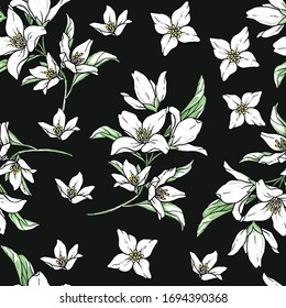Vector handwork illustration. Drawing of blooming white jasmine with green leaves. Seamless pattern with jasmines for textiles design.