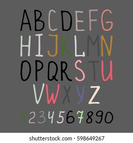Vector handwright calligraphy alphabet and numbers on grey background