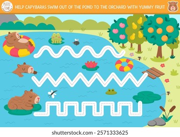 Vector handwriting practice worksheet with capybara. Printable activity for preschool kids with cute animals. Tracing game for writing skills. Help capibaras swim off the pond to orchard