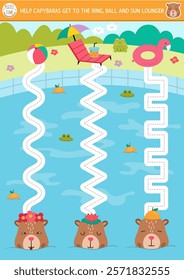 Vector handwriting practice worksheet with capybara in swimming pool. Printable activity for preschool kids with cute animals. Tracing game for writing skills. Help capibaras get to ring, ball