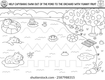 Vector handwriting practice worksheet with capybara. Printable black and white activity for preschool kids with cute animals. Tracing line game, coloring page. Help capibaras swim off pond to orchard
