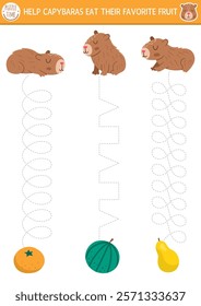 Vector handwriting practice worksheet with capybaras, tangerine. Printable activity for preschool kids with cute animals. Tracing game for writing skills. Help capibaras eat favorite fruit