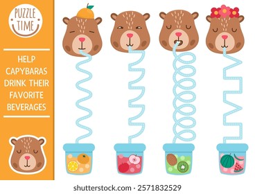 Vector handwriting practice worksheet with capybaras, bubble tea. Printable activity for preschool kids with cute animals. Tracing game for writing skills. Help capibaras drink favorite beverages