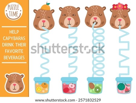 Vector handwriting practice worksheet with capybaras, bubble tea. Printable activity for preschool kids with cute animals. Tracing game for writing skills. Help capibaras drink favorite beverages