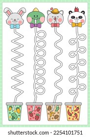 Vector handwriting practice worksheet with cute kawaii animals drinking bubble tea with different tastes. Printable activity for preschool children. Educational tracing game for writing skills
