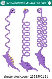 Vector handwriting practice worksheet with dinosaurs. Untangle elasmosaurus necks. Prehistoric printable drawing activity for preschool children with animals. Tracing game for writing skills