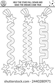 Vector handwriting practice worksheet with falling stars. Fantasy printable black and white activity for kids. Tracing game for writing skills. Magic world coloring page to make the dreams come true
