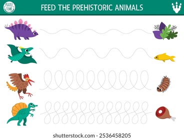 Planilha de prática de manuscrito de vetor. Alimente o jogo de dinossauros. Atividade pré-histórica de desenho imprimível para crianças pré-escolares com animais antigos e sua comida. Página de rastreamento para habilidades de gravação
