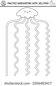 Vector handwriting practice worksheet with jellyfish and dashed line in tentacles. Ocean kingdom printable black and white activity for kids. Tracing game, coloring page for writing skills
