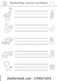 Vector handwriting practice worksheet. Printable black and white activity for pre-school children. Educational game for writing skills development. Tropical coloring page for kids with animals