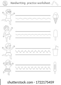 Vector handwriting practice worksheet. Printable black and white activity for pre-school children. Educational game for writing skills development. Summer coloring page for kids with ice-cream