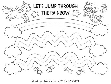 Vector handwriting practice worksheet with unicorn jumping through rainbows. Fantasy printable black and white activity for kids. Tracing game for writing skills. Magic world coloring page
