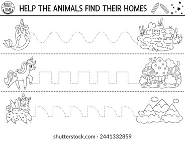 Vector handwriting practice worksheet with unicorn, llama, narval and their homes. Fantasy printable black and white activity for kids. Tracing game for writing skills. Magic world coloring page
