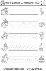 Vector handwriting practice worksheet with unicorn, llama, cat, sweet treats. Fantasy printable black and white activity for kids. Tracing game for writing skills. Magic world coloring page