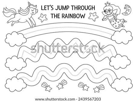 Vector handwriting practice worksheet with unicorn jumping through rainbows. Fantasy printable black and white activity for kids. Tracing game for writing skills. Magic world coloring page
