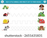 Vector handwriting practice worksheet with woodland animals and insects going to their house. Printable activity for preschool kids with cute homes. Fairyland fantasy tracing game