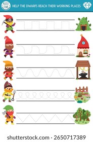 Planilha de prática de caligrafia vetorial com anões da floresta indo para sua casa e locais de trabalho. Atividade de impressão para crianças pré-escolares com gnomos bonitos. Jogo de rastreamento de fantasia de floresta mágica