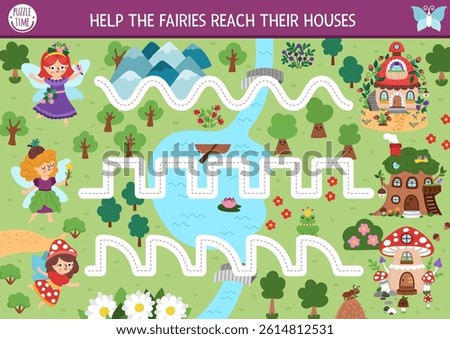 Vector handwriting practice worksheet with woodland fairies in forest going to their houses. Printable activity for preschool kids with cute girls. Fairyland fantasy tracing game for writing skills