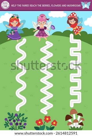 Vector handwriting practice worksheet with woodland fairies on meadow, flower, berry, mushroom. Printable activity for preschool kids with cute girls. Fairyland tracing game for writing skills