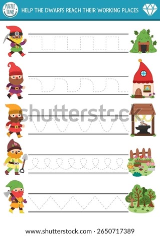 Vector handwriting practice worksheet with woodland dwarfs going to their house and working places. Printable activity for preschool kids with cute gnomes. Magic forest fantasy tracing game