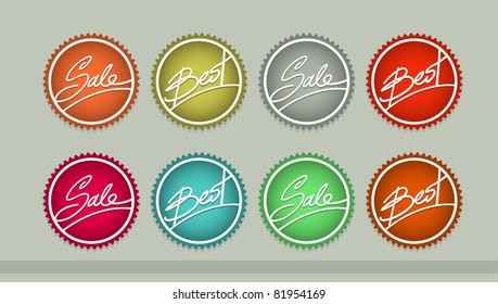 Vector handwriting "sale" and "best" stickers.