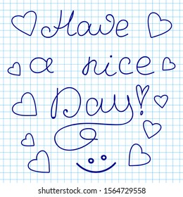 Vector handwritings on a grid copybook paper, wishes of a nice day