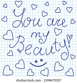 Vector handwritings on a grid copybook paper, Valentine declaration of love