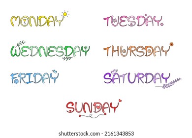 Vector - Handwritten 7 days of the week with different color. Monday, Tuesday, Wednesday, Thursday, Friday, Saturday, Sunday. Can be use for decorate organizer, diary, note.
