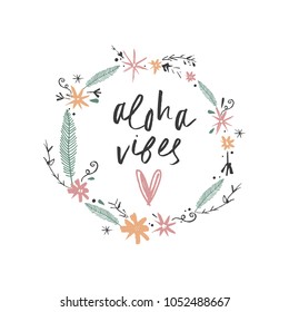 Vector handwritten aloha sign in the frame.
Postcard template.
Decor elements. Good for gift cards. Clipart. Isolated.