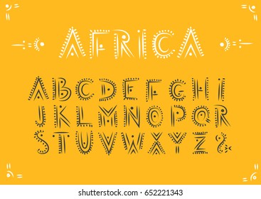 Vector handwritten alphabet in African ethnic style. Uppercase ornamental black letters on a yellow background.