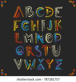 Vector handwritten alphabet in African ethnic style. Uppercase ornamental multicolor letters on a black background.
