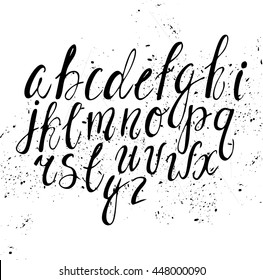 Vector hand-written alphabet. Black and white ink. cute lettering. font for invitations, greeting cards, posters, scrapbooking. 