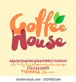 Vector handwritten Alphabet with cute Coffee House Logo. Set of bright Letters, Numbers and Punctuation Symbols