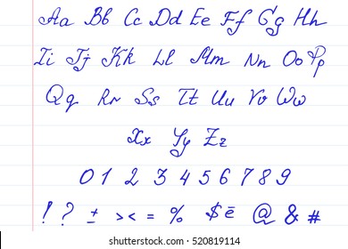 Vector handwritten alphabet and digits. Doodle font isolated on notebook page. 