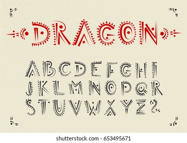 Vector handwritten alphabet with dragon patterns. Uppercase ornamental black font.