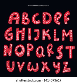 Vector handwritten alphabet in ethnic style. Uppercase ornamental red letters on a black background. For making words in your own design