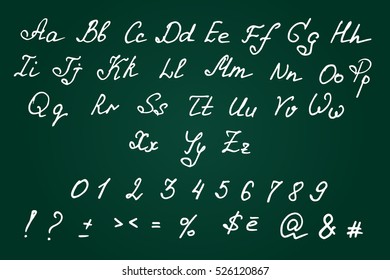 Vector handwritten alphabet and numbers. Doodle font isolated on blackboard. Education background.