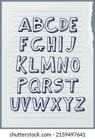 Vector handwritten alphabet on paper sheet from school notebook. Custom letters. Lettering and typography for designs logo, for poster, invitation. Form of writing, standard symbols and signs set