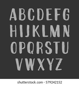 Vector handwritten alphabet. Uppercase Striped letters on black background